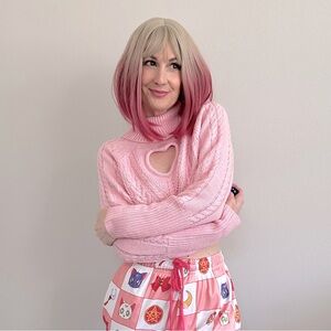 Sweet Society Pastel Pink Cable Knit Heart Girls Turtleneck Sweater small